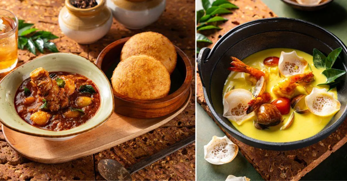 Mutton potato curry and Malabar fried bread (L) and seafood moilee soup (R)