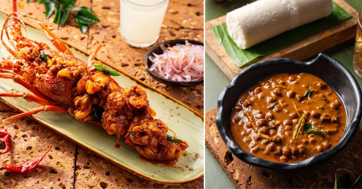 Lobster tawa grilled toddy shop style (L) and black chickpea curry and steamed rice cake (R) 
