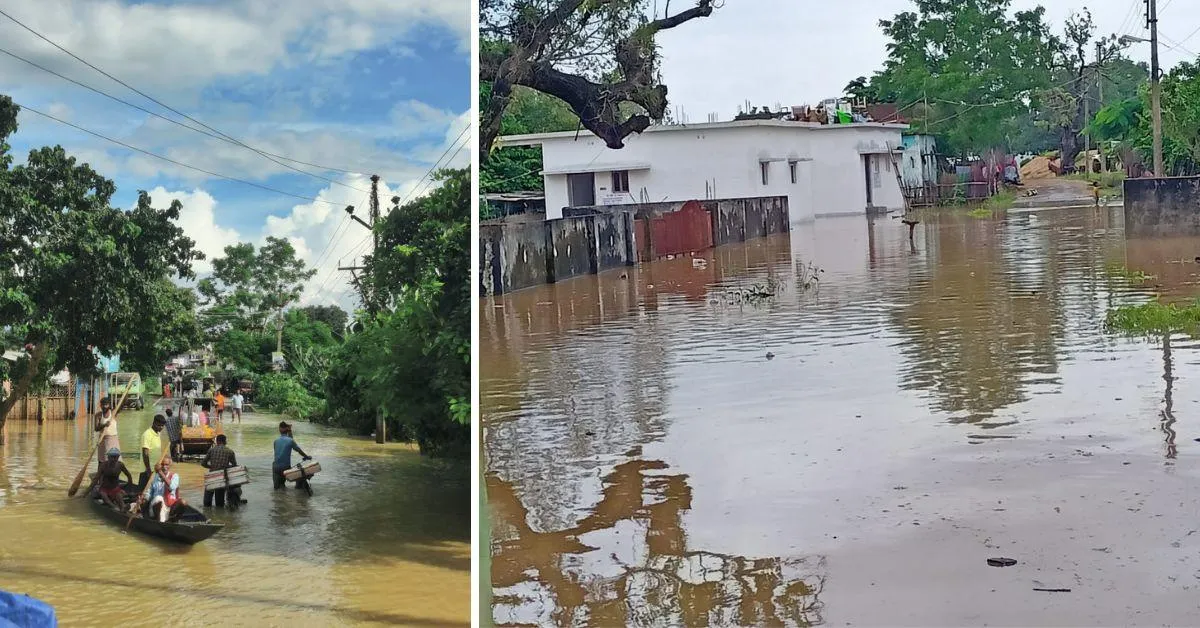 During the July 2022 floods that struck Assam (L), and during the floods that decimated Andhra Pradesh (R), Joshuva reached out to communities in need 