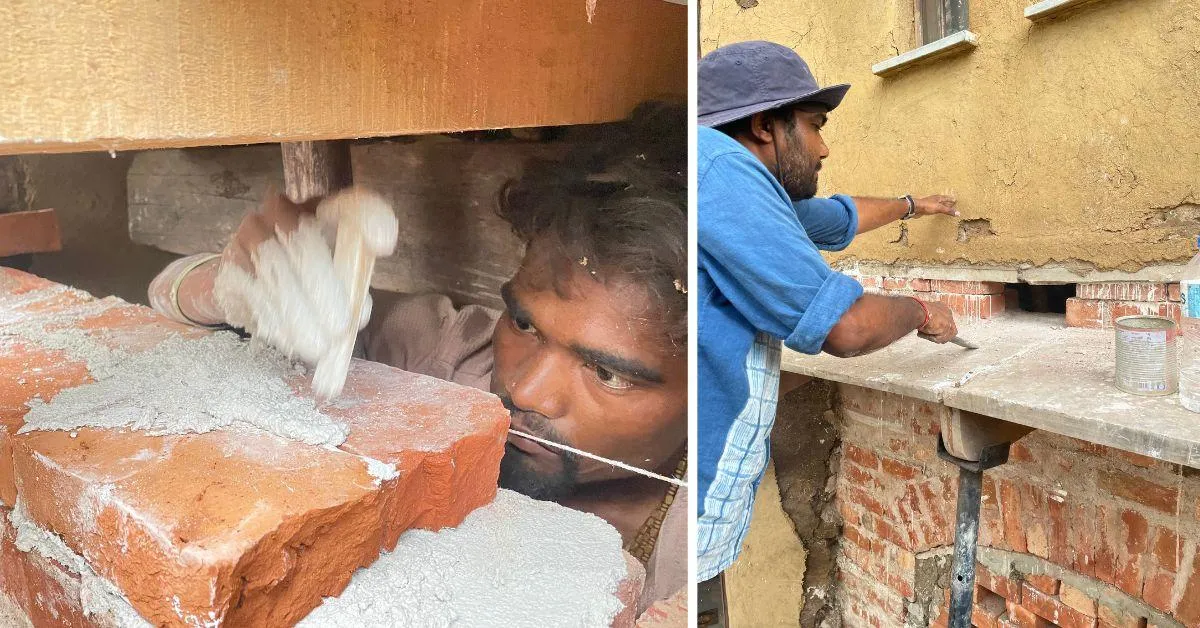 The restoration is being done using red bricks and lime, also sustainable options but better at moisture repelling 