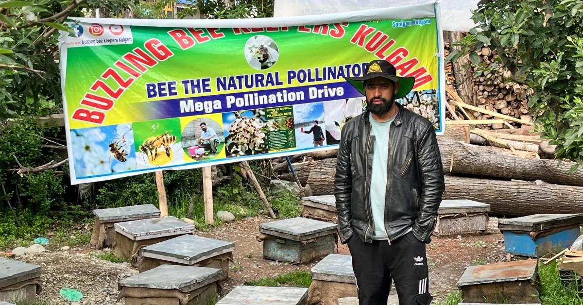 Shabir Itoo with his 100-hive beekeeping setup in Kashmir, built with a Rs 28,000 investment.