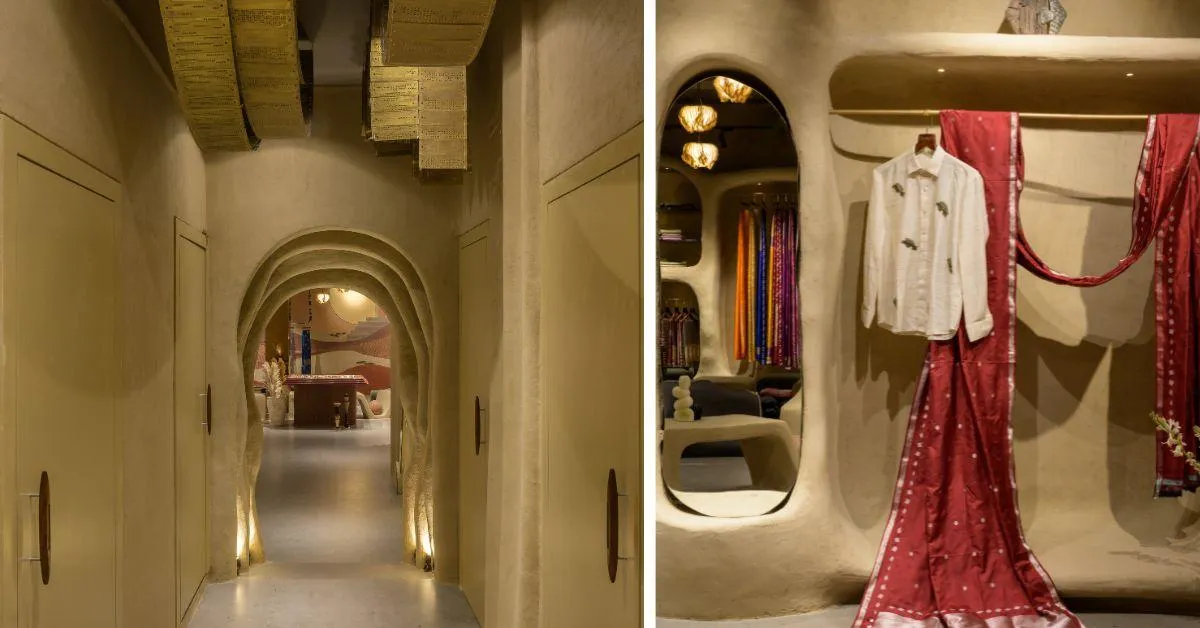 Kalga Banaras is a retail store for silk sarees that has been built using the sustainable material cob