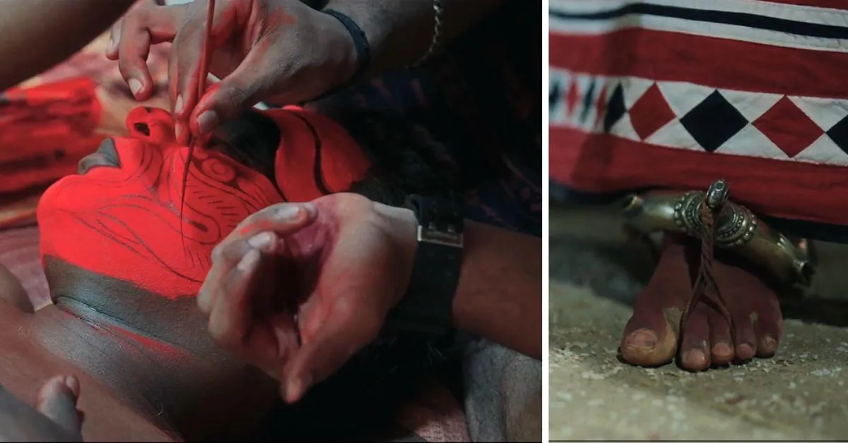 Deft strokes of colour made from natural dyes are painted on the faces of the performers while their feet are adorned with metallic anklets 