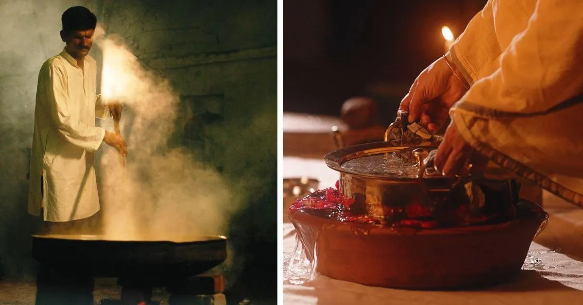 A bawarchi (chef) cooking on a 'chulha' (woodfire-stove) and sheer khurma being cooled in 'mitti ka koondha'