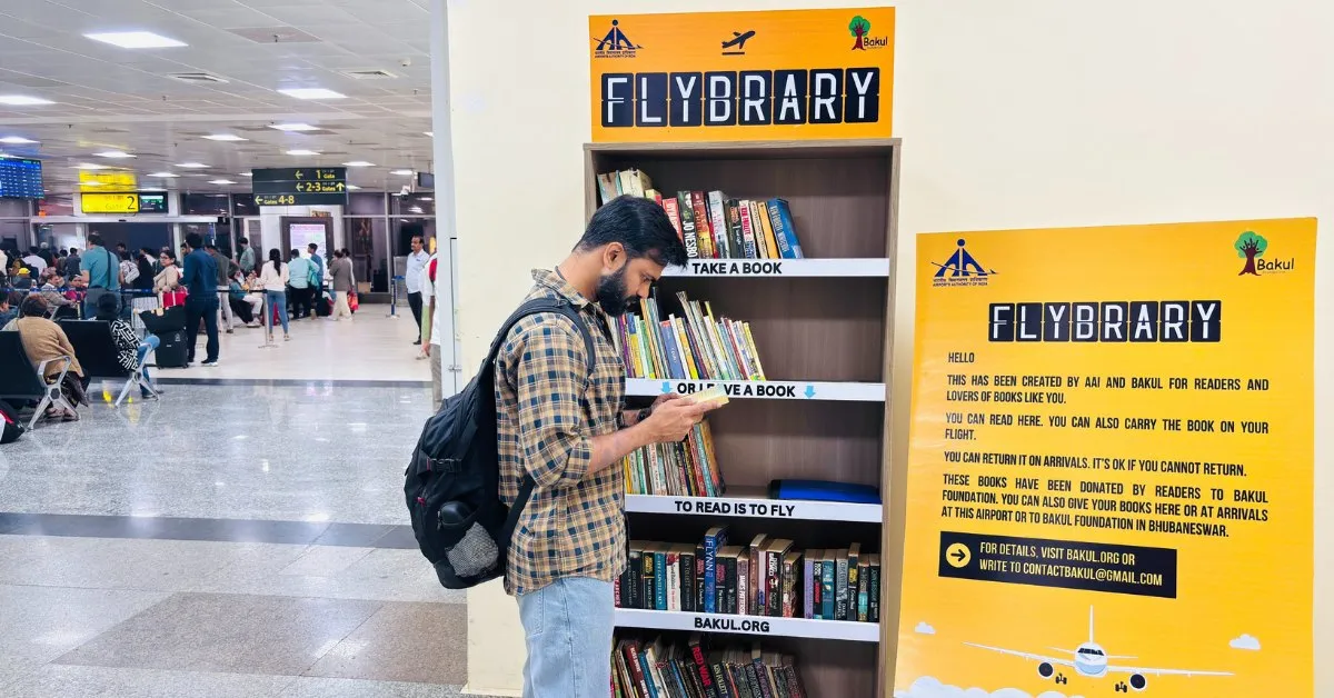 Travellers can borrow, return, or donate books in English, Hindi, and Odia at the Flybrary shelves.