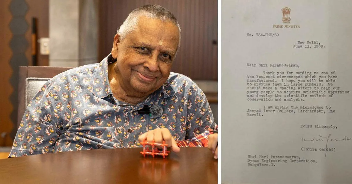 Hari Parameswaran (L) and the letter of recognition penned by former prime minister Indira Gandhi (R)