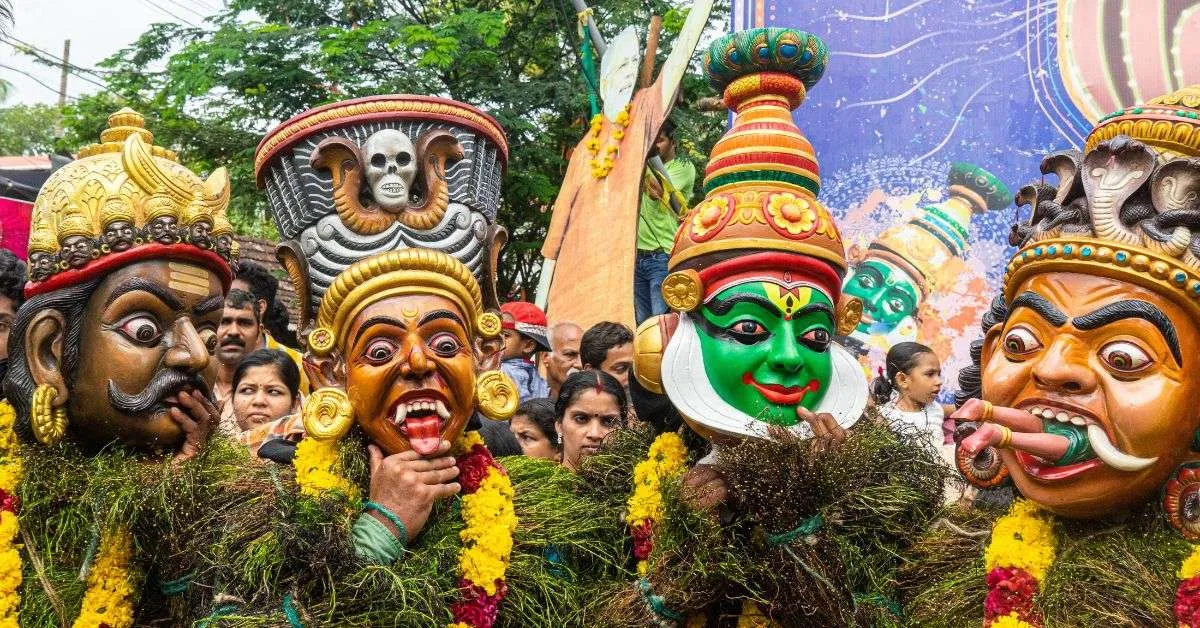 Kummatti Kali adds whimsy to Onam, with dancers wearing wooden masks and colourful grass skirts.