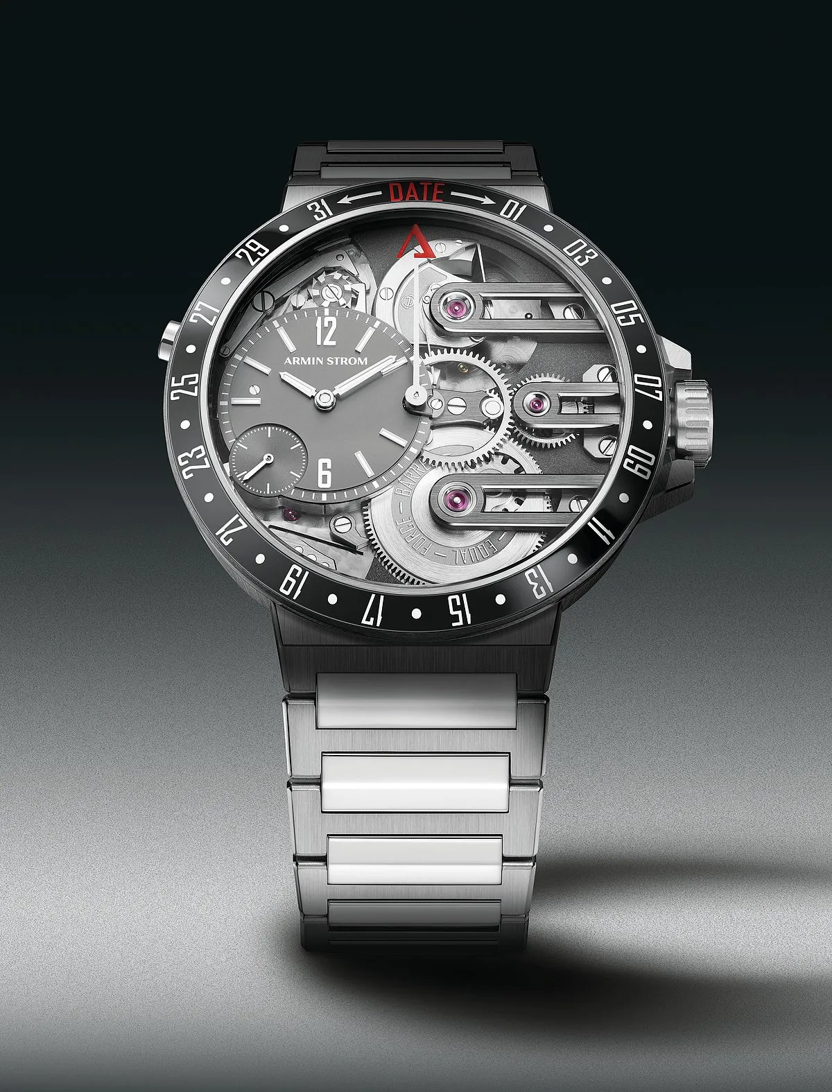Armin Strom OrbitWith the Orbit, Armin Storm has pulled off something quite significant–the watch has a date function that can be displayed on demand, a world-first. A column-wheel date complication drives the date, and is activated and deactivated by pushing a button. A central hand with a red ‘A’ tip points out the date on the watch’s black ceramic bezel, and the asymmetrical dial layout and skeletonised structure add to its slick appeal. It’s interesting to see boutique brands innovating to this degree. 