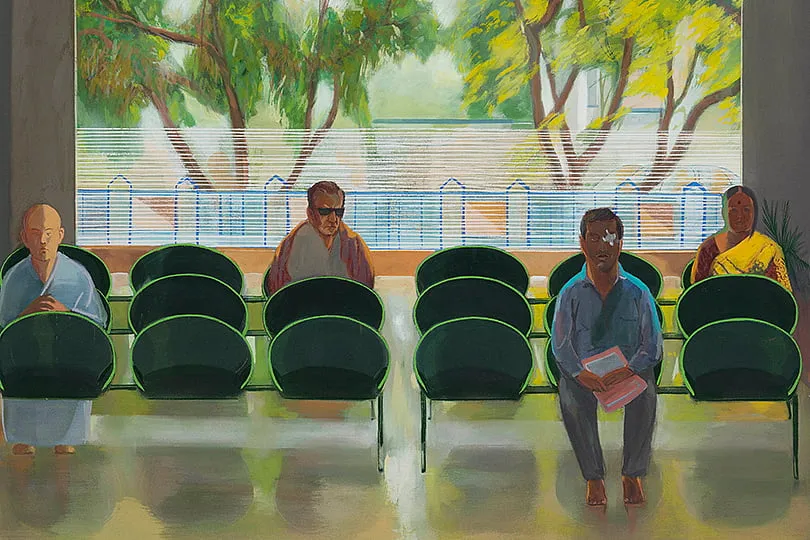 Mahesh Baliga, Eye hospital, 2022 © Mahesh Baliga. Casein on canvas. Courtesy the artist, Project 88, and David Zwirner 