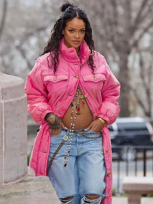 Rihanna's rule-breaking hot pink jacket, strategically unbuttoned to show off her bejeweled belly 