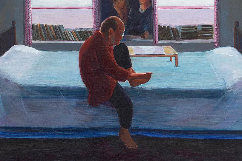 Mahesh Baliga, Aveek cutting nails,  2022  © Mahesh Baliga. Casein on canvas. Courtesy the artist, Project 88, and David Zwirner 