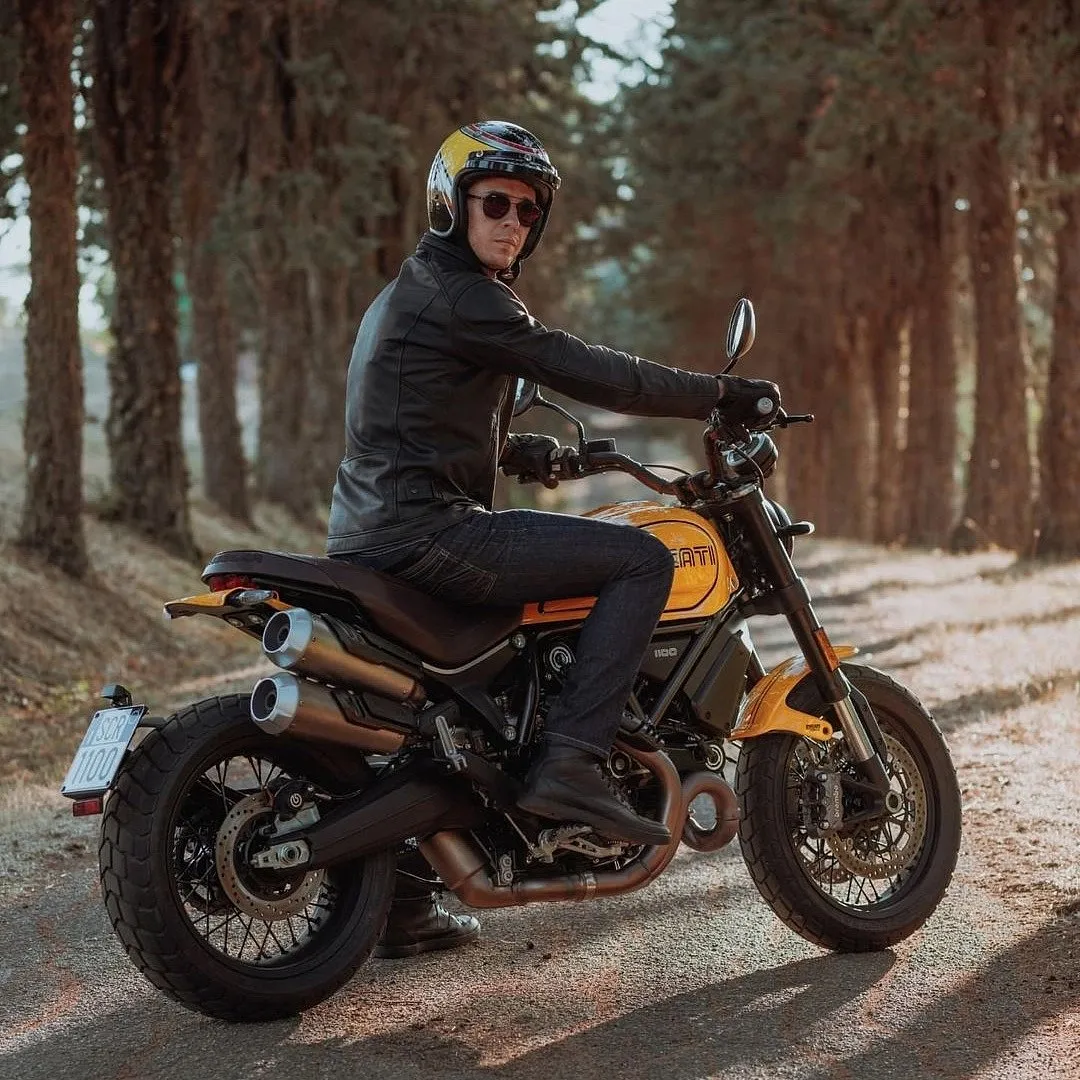 The world’s very first biker jacket was designed in 1928 by Irving Schott. Image: Ducati 