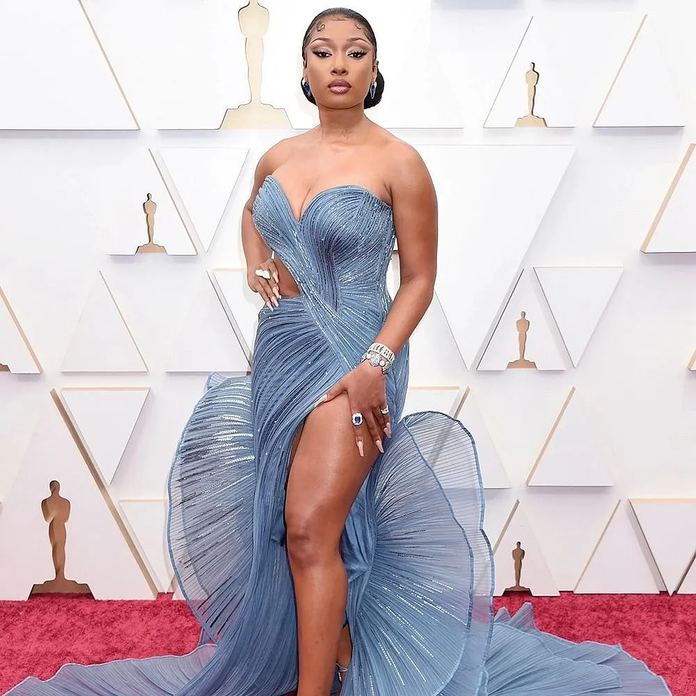 American rapper Megan Thee Stallion wore a couture dress by Gaurav Gupta at this year's Oscar red carpet 