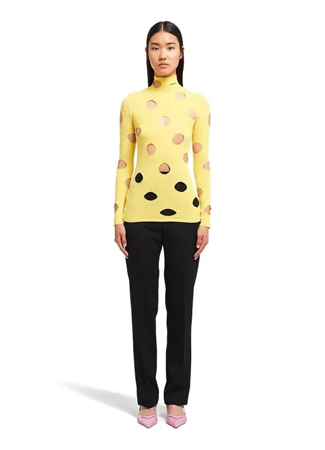 The colour and strategically placed holes of Prada's sweater reminded many people of a block of Swiss cheese 
