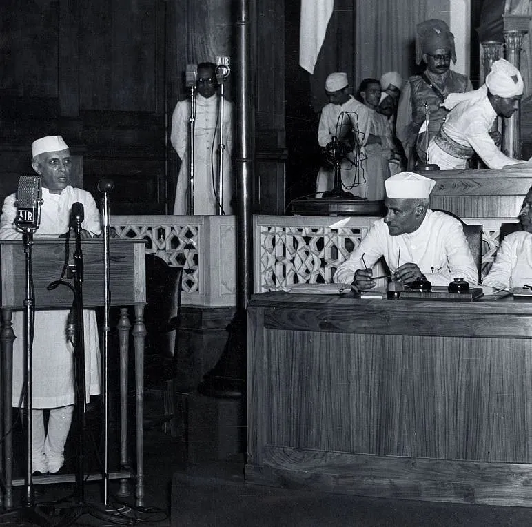 Independent India's first prime minister Jawaharlal Nehru, declaring Indian Independence in the Constituent Assembly, Delhi. Image: Getty  