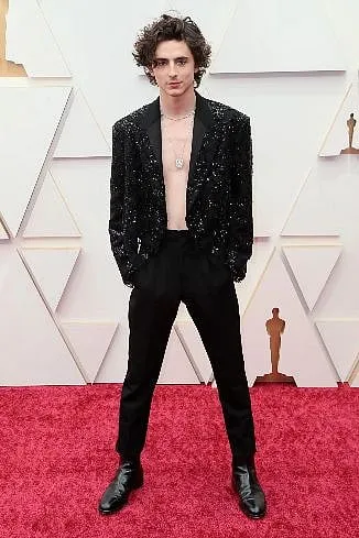 Timothée Chalamet skipped the shirt under his  cropped  jacket with tailored trousers by Louis Vuitton. Image: Instagram.com/gq 
