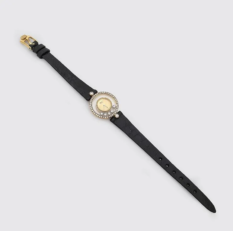 Chopard's 'Happy Diamonds' comes with six floating diamonds, a diamond-set bezel, a gold dial and gold baton hour and minute hands 