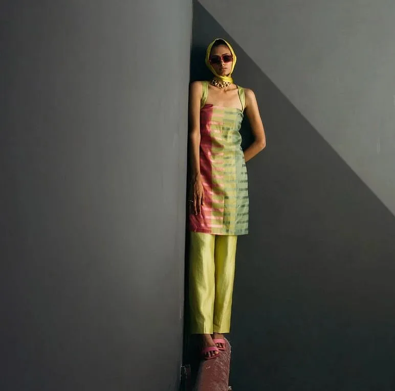 The green and yellow co-ord set is part of the collaboration between Ekaya and Arohi   