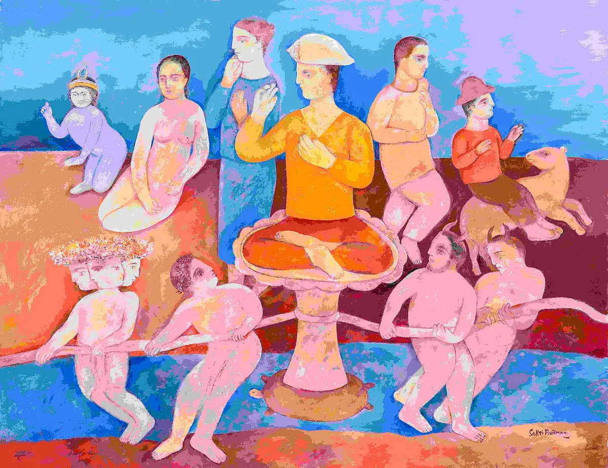 Life is a Theatre at Art Alive Gallery, New DelhiFor this body of his recent works, artist Sakti Burman combines humour with his fantastical take on things as he brings to the canvas the lighter part of life where it imitates theatre. His own lived histories in both India and France heavily influence his work that emerges as a cultural bridge between the two. Poetry, fluidity and a dream-like vividness are central to Burman’s style, mixing divine archetypal inspiration with those drawn from people in his life. “And are these personae not aspects of ourselves, acting out our own deepest impulses, our fears and desires? Among these dimensions of otherness within ourselves are the goddess Durga and the child-god Krishna, amplifications of our own instincts towards nurture and delight, glory and splendour,” said curatorial advisor Ranjit Hoskote.Where: @artalivegalleryOn view until: 31 AugustPictured here: Shamudra Mantan (oil) by Sakti Buran for Life Is a Theatre at Art Alive. Image: Gallery and artist 