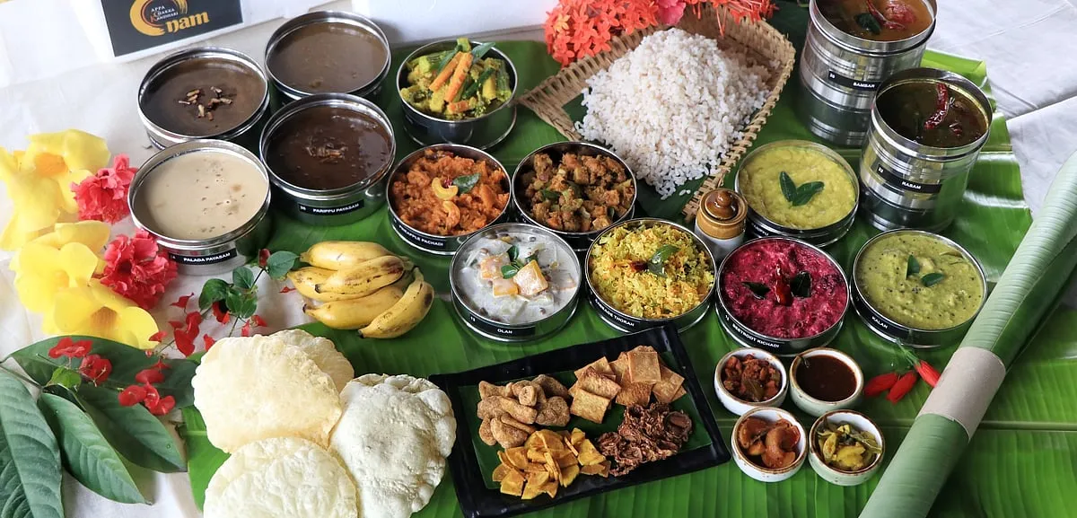 The traditional Sadhya has about 25 dishes served in small portions on a banana leaf. Modern times have seen its evolution with many restaurants also making takeaway options available.  
