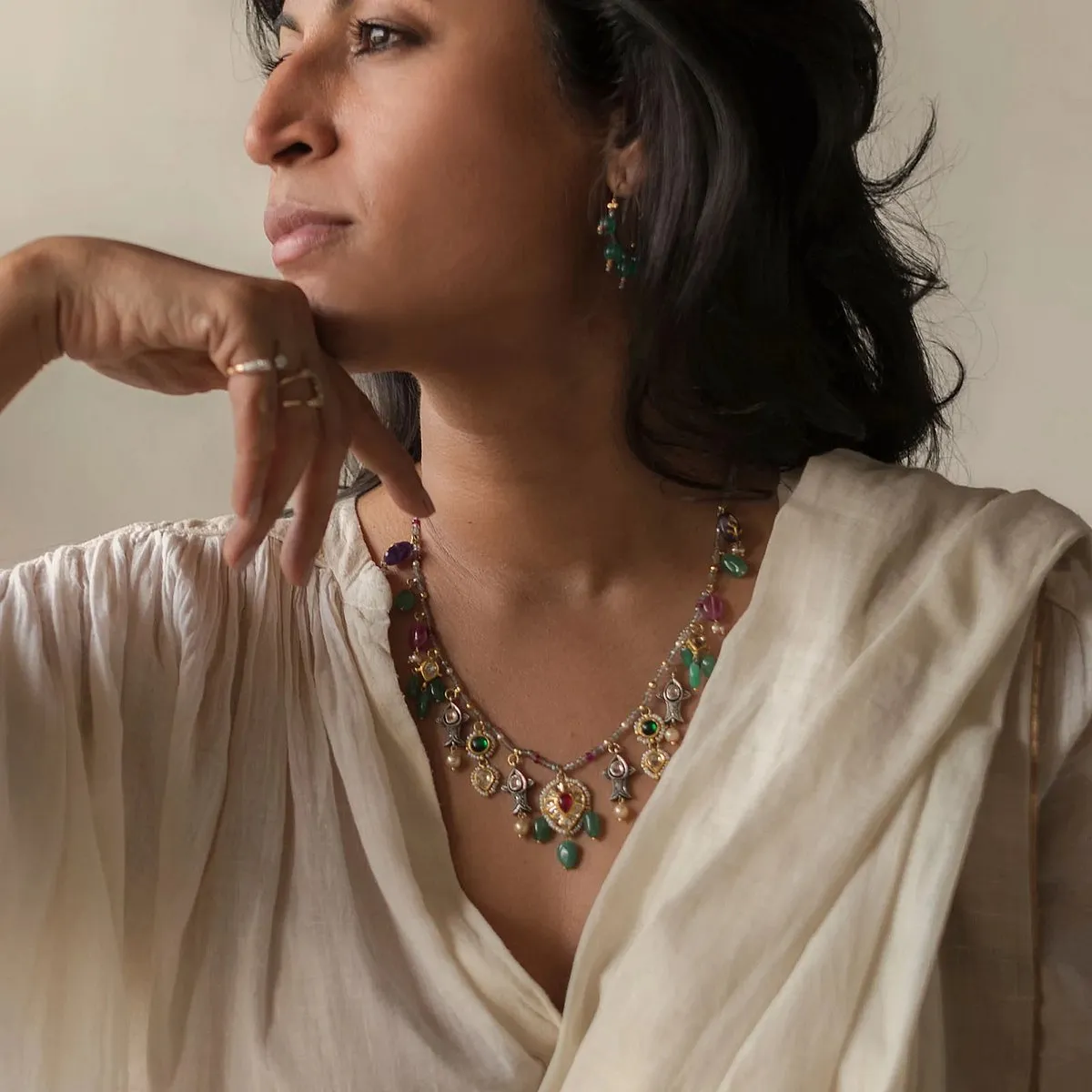 Moi:  Founded by Ahmedabad-based husband-wife duo Puja and Kunal Shah, Moi draws inspiration from the artisanal history of India. Their designs, although luxe but not too extravagant, emphasises on the ease and wearability of the pieces. Our pick for the festive season is the brand’s Revival Necklace and Firdos Necklace, comprising uncut diamonds, ruby, emerald, amethyst, pearls and pink tourmaline strung on a line of faceted labradorite beads.Where to buy: Vibewithmoi.in 