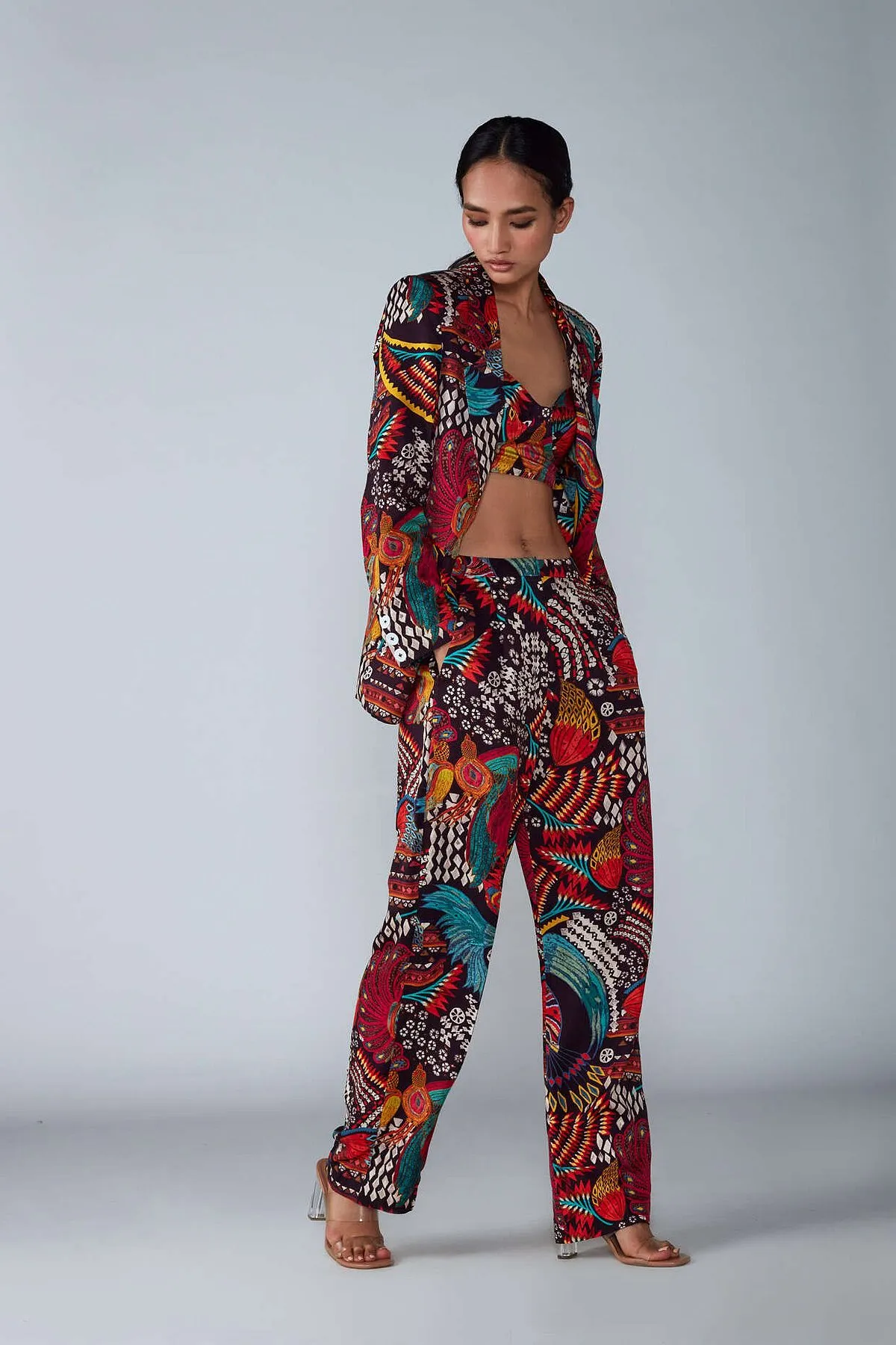  “We made our suits with lightweight satin, an easy fabric that translates seamlessly from day to night. To up the fun quotient, we’ve also added bold, statement prints as opposed to the small prints or safe stripes that you typically see,” says Saaksha Bhat, one half of the duo behind label Saaksha & Kinni 