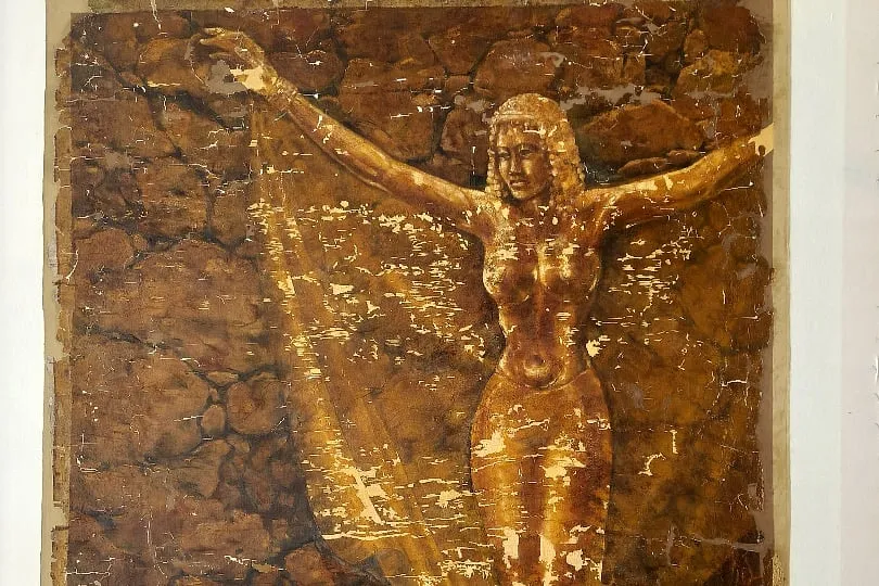 This artwork that was found in a water-logged house was restored in steps by  conservators at the Kolkata Institute of Art Conservation. Here, the artwork can be seen during the process of restoration. Image: Courtesy of Kolkata Institute of Art Conservation and Kolkata Centre for Creativity. 