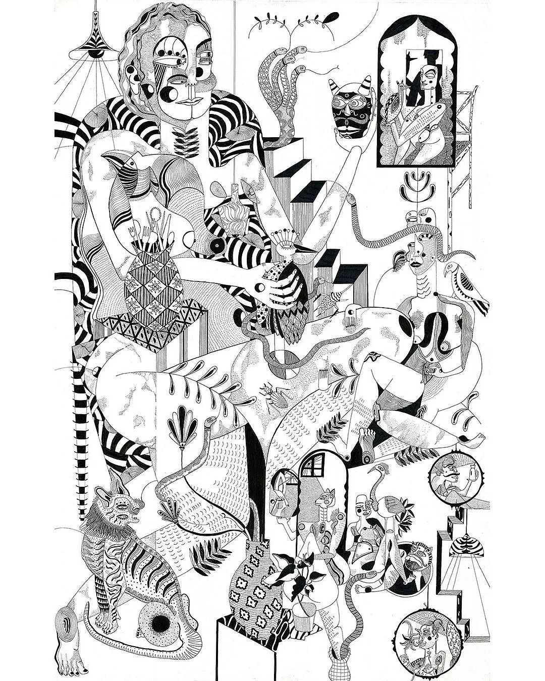Tarini Sethi (@tarinisethi)A New Delhi-based artist and curator, Tarini Sethi explores themes of intimacy, body consciousness and sexuality in her quest for a world sans judgment. Folk tales, urban architecture and even modern politics resonate through her drawings. Ink on paper and sculptures made with iron are her preferred mediums. In her curatorial journey, Sethi tries to provide a platform for independent artists and is the founder and curator of the Irregulars Art Fair (an “anti-art-fair”) and The Irregular Times, an art and design zine showcasing the works of persons of colour from across the world. Sethi has studied at New York’s Pratt Institute and credits the development of her style to her participation in group exhibitions in New York. Image: Artist's Instagram profile. 