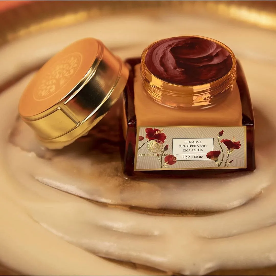 The burgundy-hued Tejasvi Brightening Emulsion from Forest Essentials is perfect for a facial massage. Packed with rich ingredients like saffron, ghee, sweet almond oil and kasturi manjal, the balm melts into the skin like butter, assuring smooth movements for a good 10-15 minutes of lymphatic drainage, before you wash it off with cold water. What unfolds is brighter, plump and supple skin 