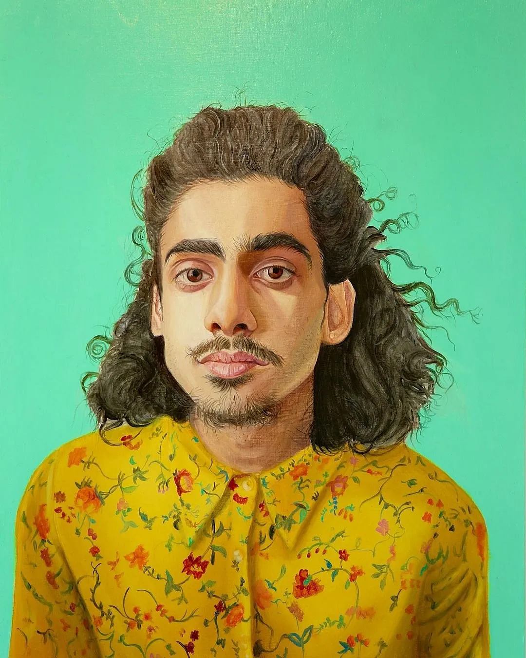 Jemisha Maadhavji (@jemisha_maadhavji)United Kingdom-based Jemisha Maadhavji uses art to let the colours and subjects explore the themes of gender and identity. Her subjects are diverse, often from various cultural backgrounds and are first photographed in a studio. Oil paint on surfaces such as wood, canvas, paper and metal comes into the fray as she creates artwork in delicate layers. Fashion is a key element as Maadhavji’s subjects often use their clothes in a nuanced way when tackling gender and sexuality. The artist asks: “what beauty means now?” She also likes motifs and the symbolism behind the peacock feather and the rose. She holds an MA in Fine Arts from De Montfort University, Leicester, UK and has shown her work at multiple exhibitions.Image: Artist's Instagram profile 