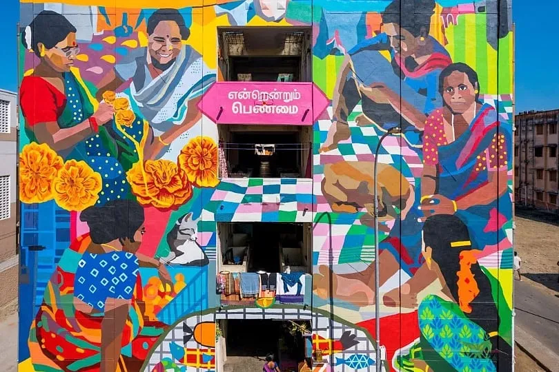 The Aravani Art Project is a Bengaluru-based trans-women and cis-women-led art collective for whom, public art is a way of creating a safe space through dialogue. Image: @aravaniartproject on IG. 