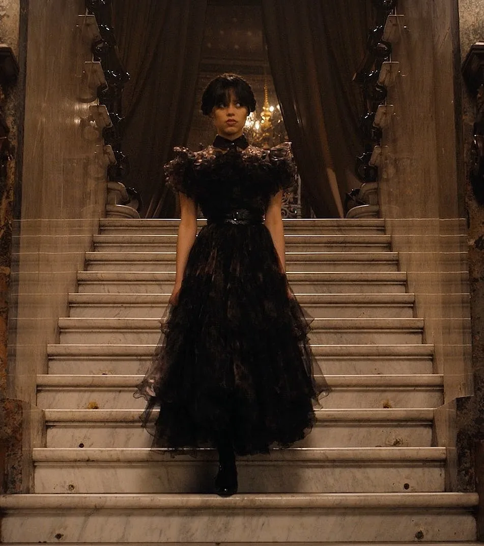 The modern goth girl is glamorous, clad in lace, corsets and leather. Actor Jenna Ortega, the 20-year-old protagonist of the Netflix show, Wednesday, is leading this trend with her on-screen costumes (special mention to the Alaïa dress she wears for her prom) and her off-duty looks (the asymmetrical black Dion Lee dress she donned for her appearance on ‘Jimmy Kimmel Live!’) 