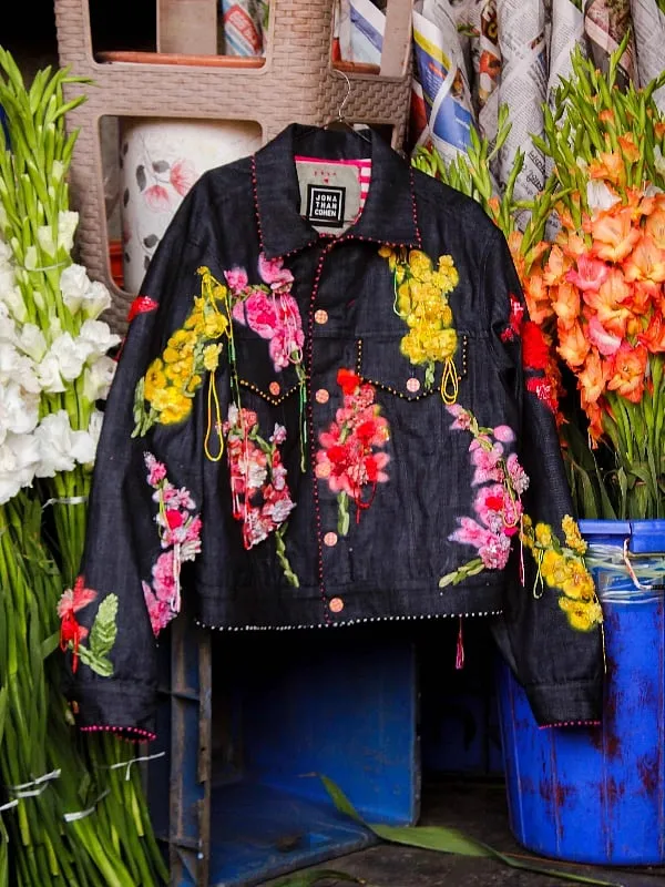 “Every season, we display a collection of ten limited-edition jackets. Jonathan happened to see those in Paris and that’s when the idea of using his prints came about, which we could render into embroideries for our denim jackets,” explains Aneeth Arora 