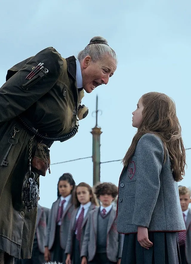 A scene from the new Netflix adaptation of Matilda, by Roald Dahl, starring Emma Thompson as the imposing Miss Trunchbull 