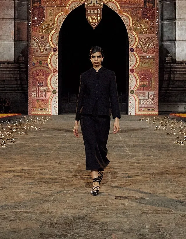 Dior’s iconic Bar Jacket got an Indian makeover, too, with a Nehru-style collar and a slimmer silhouette 
