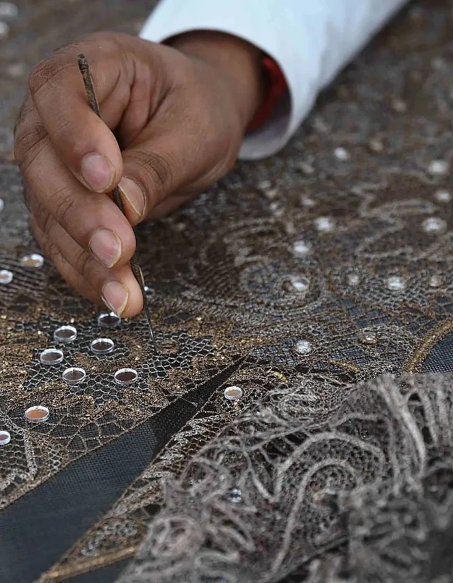 Ahead of the show, the two brands opened the doors of Chanakya’s ateliers for a “living museum” where ustads or master artisans showcased 12 schools of craft—aari work, zardozi, weaving, block printing, lace making and more  Sahiba Chawdhary