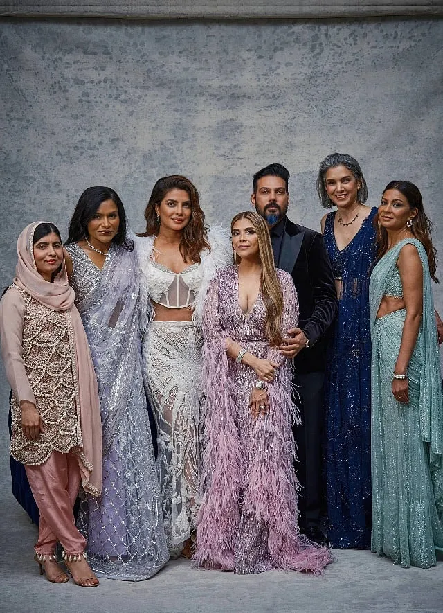  (left to right) Malala Yousafzai, Mindy Kaling, Priyanka Chopra, Falguni Peacock, Shane Peacock, Radhika Jones and Anjula Acharia at the South Asian Excellence at the Oscars event 