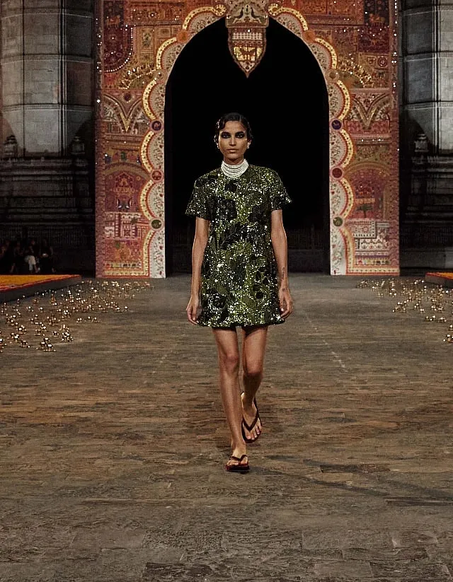 The embroidery in beads and sequins was  evocative of various embroidery techniques in metallic thread, including zardozi, but made contemporary 