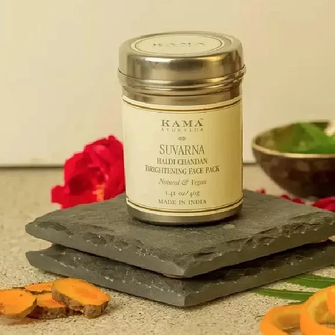 Suvarna Haldi Chandan Face Pack, Kama AyurvedaTrust this face mask to be a brightening quick-fix. The pulverised face mask boasts of two of the most highlighted ingredients in Ayurveda—turmeric and sandalwood, along with orange, rose,multani mitti and colloidal oatmeal, making it a 100 per cent natural solution to illuminate the skin and alleviate blemishes, dark spots and dullness. If you have dry skin, whip up the mask with yoghurt or honey,  and in case you have oily skin, add rose water, vetiver water or aloe vera gel to create a pasty consistency. Priced at ₹995Shop hereImage: Kamaayurveda.in 