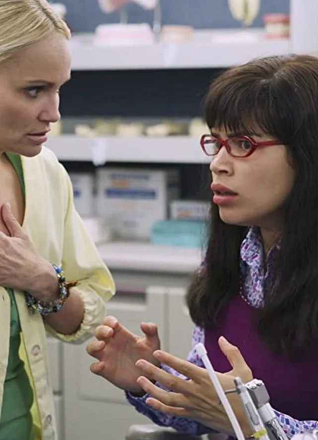 America Ferreira plays Betty, who gets thrown into the world of high fashion when she becomes an executive assistant at an upscale fashion magazine, in the series Ugly Betty. Image: IMDB 