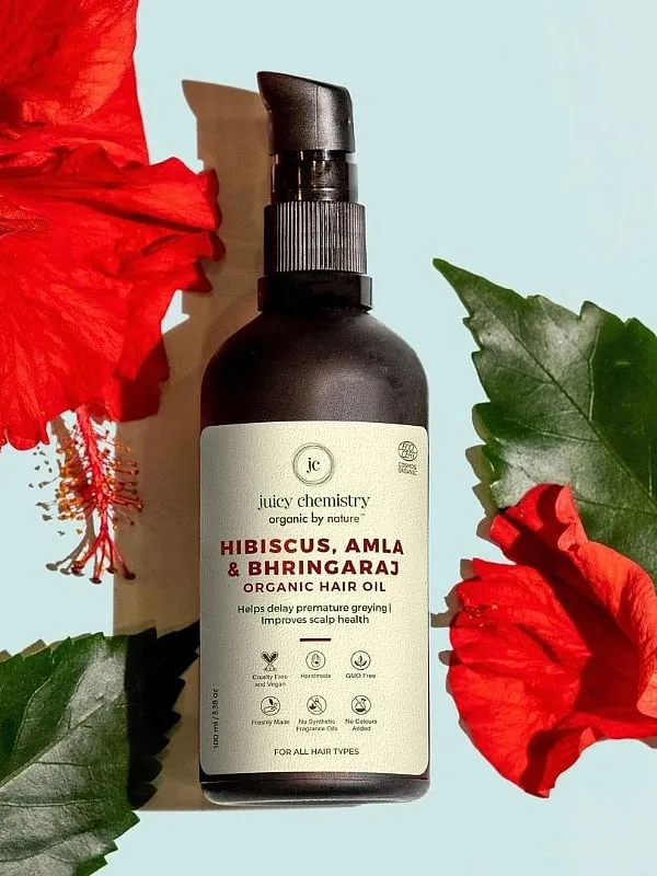 This oil from organic homegrown brand Juicy Chemistry combines Bhringraj and hibiscus, two ingredients that bestow thicker and healthier hair. Image: Instagram.com/juicychemistry 
