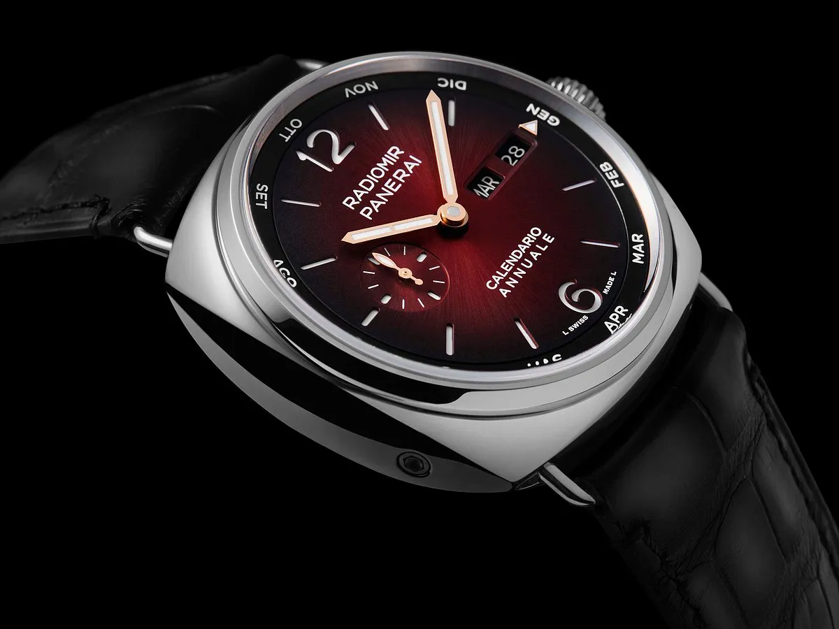 Radiomir Annual Calendar Panerai breaks new ground with their latest addition to the Radiomir collection: The Annual Calendar. The first of its kind in-house movement displays the date at 3 o'clock with day and date visible through dual dial openings. A rotating disc shows the current month, with the transition enabled by an internal cam, facilitating an instantaneous information shift. The setting needs to be adjusted only once a year, at the end of February. 