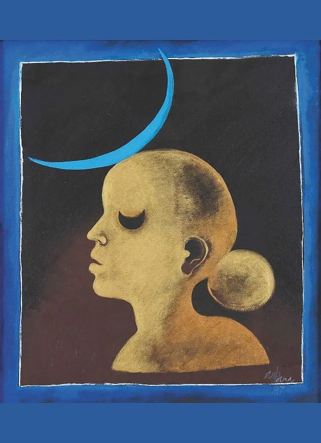 Arpana Caur's Night is an evocative metaphor for the working class woman, depicting a lady carrying  weight shaped like the crescent moon on her head. Image: NGMA 