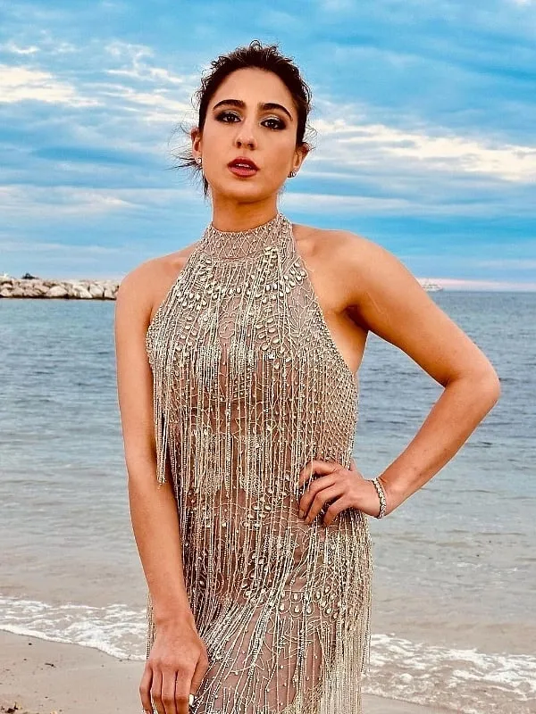 Tanvi Chemburkar created this look on Sara Ali Khan for the Cannes Film Festival 2023. Image: Instagram.com/tanvichemburkar 