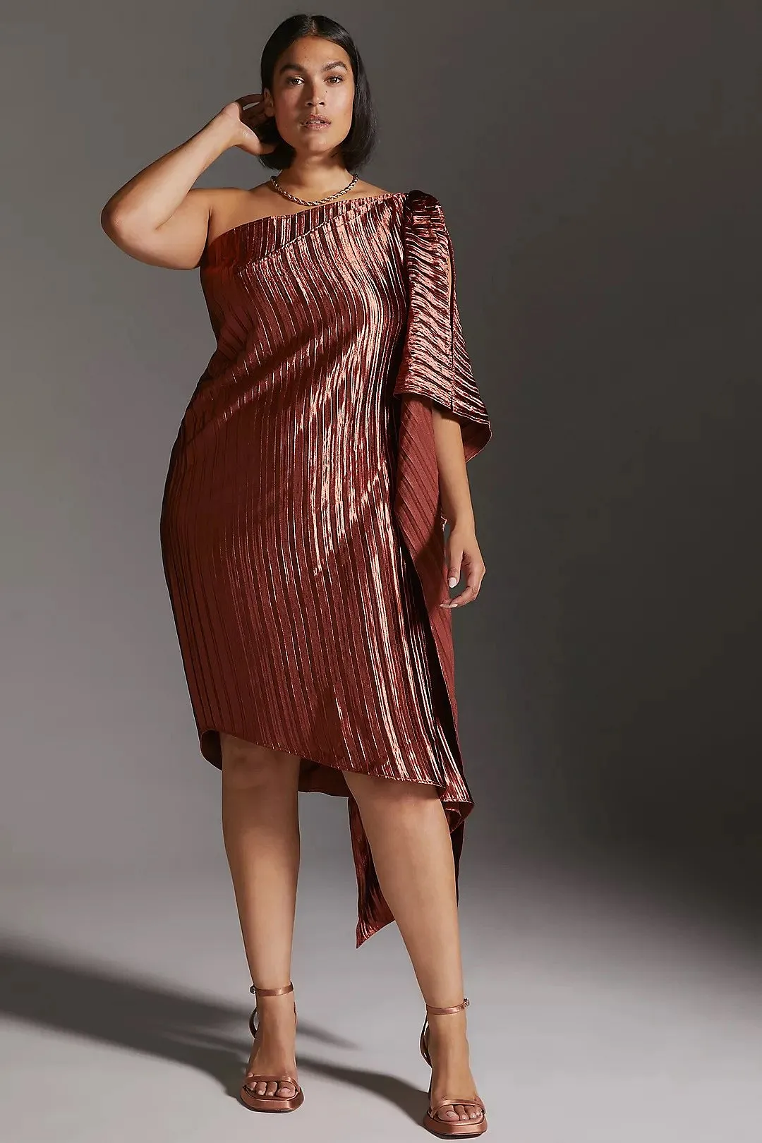 At celebrity-loved label Guapa Resortwear, a pleated metallic toga has found a fan in women across 16 diverse sizes in the United States 