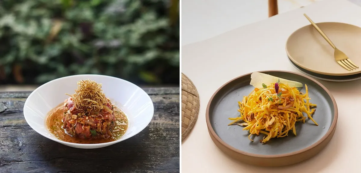 Picture left: A tomato salad by Bomras; right: A mango salad by Burma Burma 