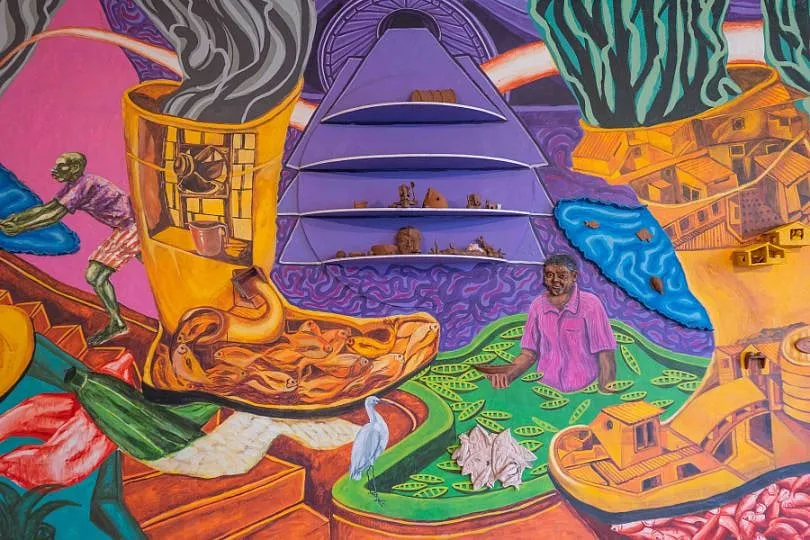 Pictured heres is a mural from St+Art India's Trespassers project, involving a 10-member group of artists, hailing from different corners of Kerala 