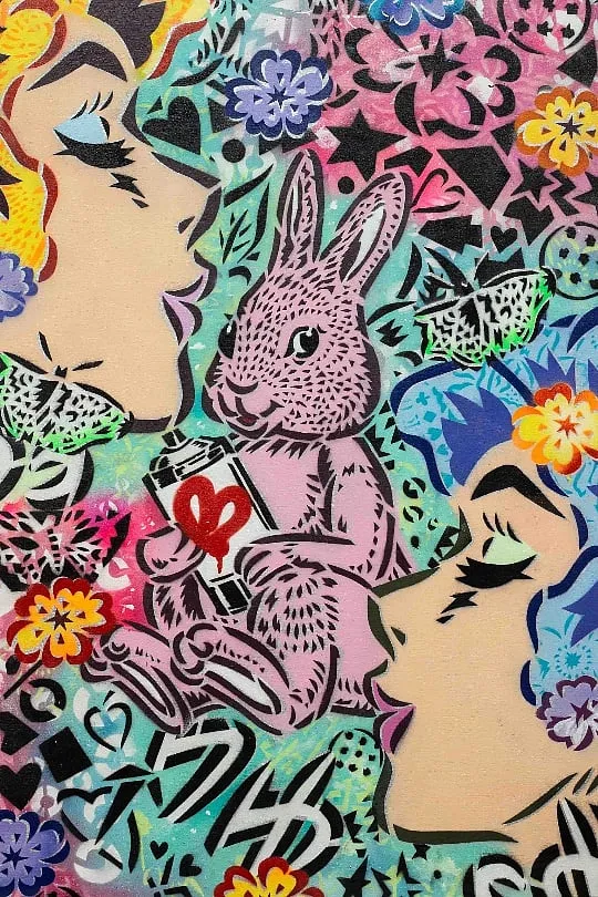 AIKO, Bunny Love 1, 2023, Mixed media, spray paint and acrylic on canvas, 48 x 33 inches 