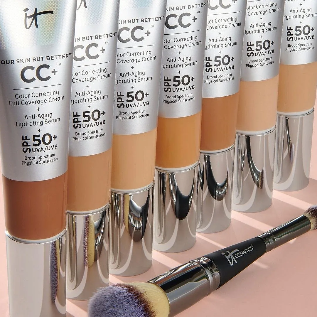 CC+ Cream Full-Coverage Foundation with SPF 50+, it Cosmetics Combining the texture of a CC cream and the coverage of a foundation, this skin-loving product is one of the most-sold SPF-infused base make-up products in America, claims the brand. Available in a wide range of shades to complement all skin tones, the buttery soft formulation of the product is enriched with ingredients like hyaluronic acid, vitamin E, niacinamide, glycerine, caffeine and peptides along with SPF 50 +, making it perfect for everyday wear.Priced at ₹4,100Shop hereImage: Instagram.com/itcosmetics 