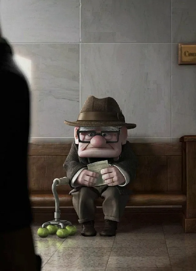 Retired balloon salesman Carl Fredricksen in Up is resistant to change because he gets so hard on himself for the circumstances life has dealt him. Image: IMDB 